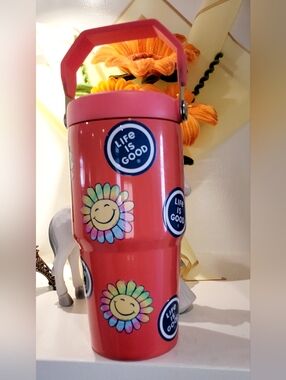 Life is Good Pink Floral Travel Tumbler with Handle